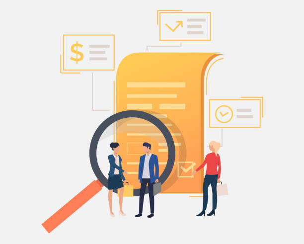 Business people standing at document. Magnifying glass, analysis, contract. Search concept. Vector illustration can be used for topics like business, internet, partnership